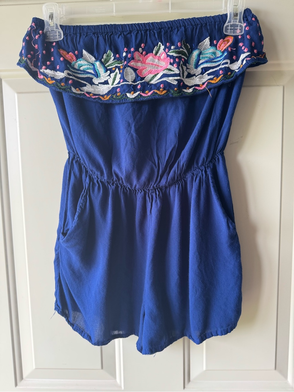Shrinking Violet Royal Blue Off-Shoulder Embroidered Romper